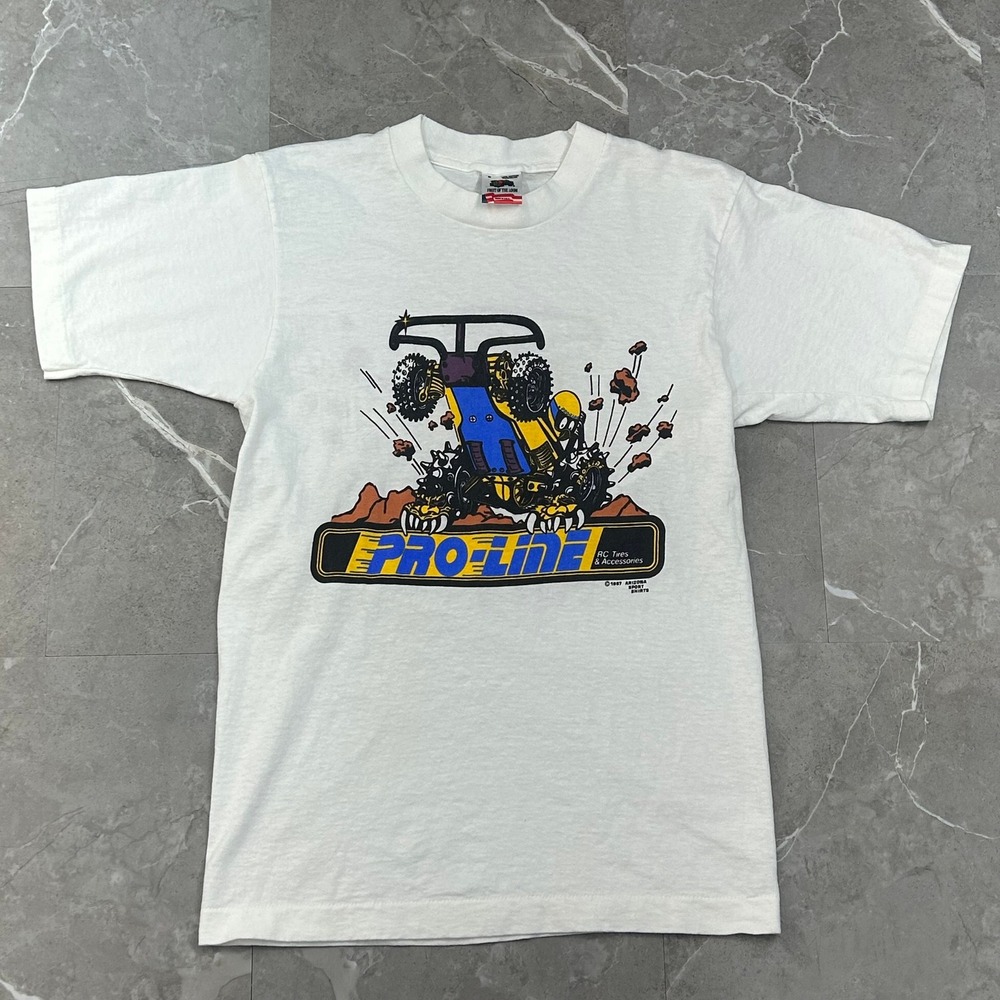 80s Vintage Pro Line RC Car Tires Graphic Tee Mens Small Caricature Double Sided